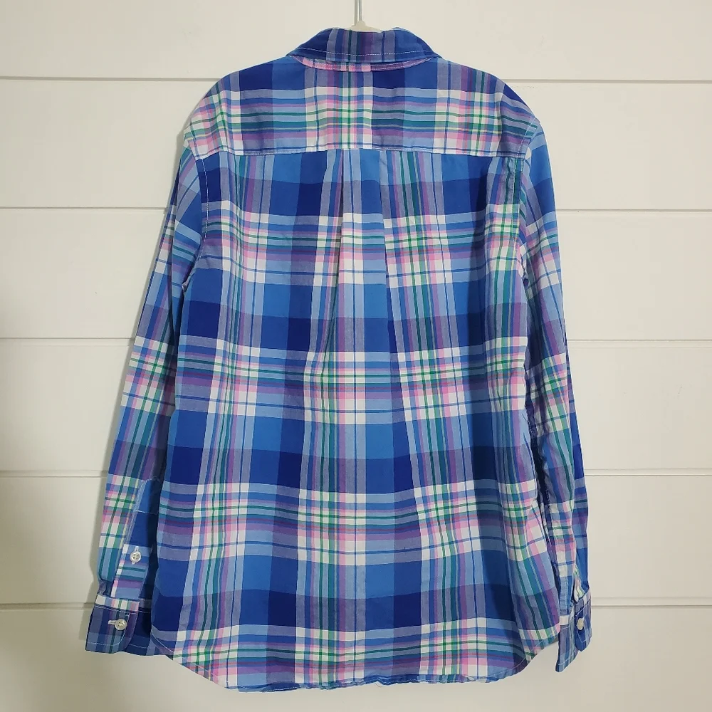 Ralph Lauren Boy blue plaid button down shirt Oxford Natural stretch Size 7‎